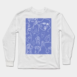 Blue One Line Art Faces Long Sleeve T-Shirt